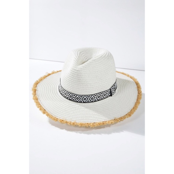 SOLD OUT White Ethnic Frayed Trim Straw Women's Panama Hat - Picture 2 of 5